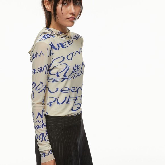 H&M Studio Collection Mesh Hoodie Embellished Jewel Light Graffiti Top Shirt XS - Picture 3 of 6